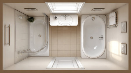 Small bathroom with rounded edges on tub and sink, utilizing every inch efficientlyの素材