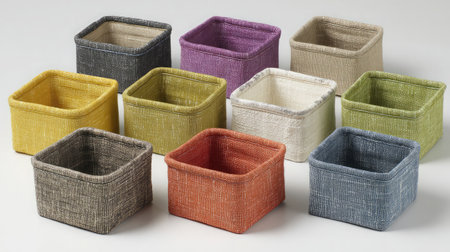 Multiple fabric storage bins in different colors arranged in a grid on a bright white backdropの素材