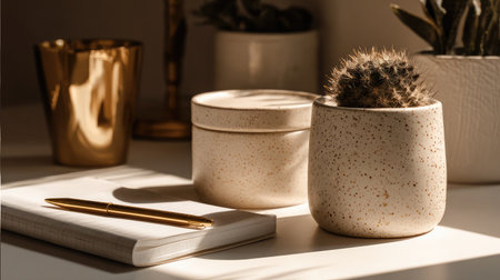 White workspace with bullet journal and ceramic plant pot catching the soft glow of morning sunlightの素材