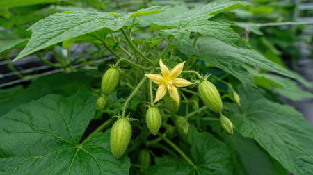 Blooming watermelon plant with visible yellow flowers and small fruit beginning to swellの素材
