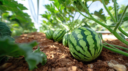 Backyard garden with a single watermelon plant spreading across lawn under sunlightの素材