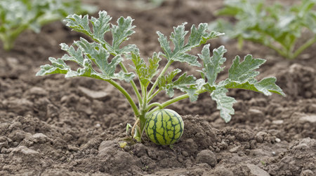 A young watermelon forming beneath its leafy canopy in a garden bed with moist soilの素材