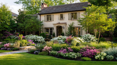 A picturesque front lawn bordered with blooming plants lit by warm and golden morning raysの素材