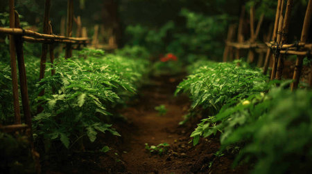 Backyard garden with tomato plants planted in rows, supported by wooden sticksの素材