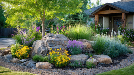 A rock garden with flowering perennials shines under the first light of day in a front yardの素材