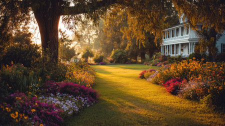 A picturesque front lawn bordered with blooming plants lit by warm and golden morning raysの素材