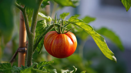 Backyard tomato plant with thick stem, support stake, and fruit ready to harvestの素材