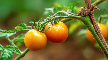 Backyard tomato plant with thick stem, support stake, and fruit ready to harvestの素材