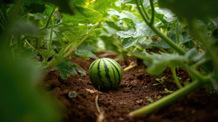 A young watermelon forming beneath its leafy canopy in a garden bed with moist soilの素材