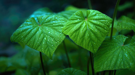 Bright green watermelon leaves covered with morning dew under soft lightingの素材