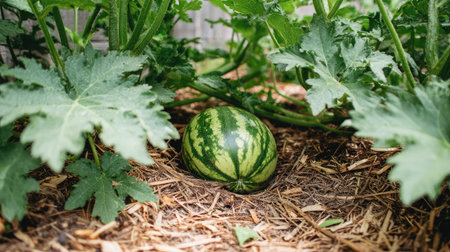 A single watermelon nestled in dry mulch surrounded by large lobed leavesの素材