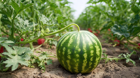 A maturing watermelon sitting on soil with a strong vine connected to thick foliageの素材