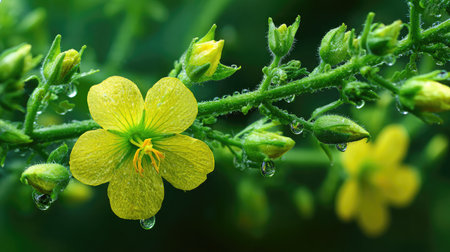 Blooming watermelon plant with visible yellow flowers and small fruit beginning to swellの素材