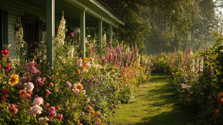 A border of blooming flowers lines the green front lawn, warmed by morning raysの素材