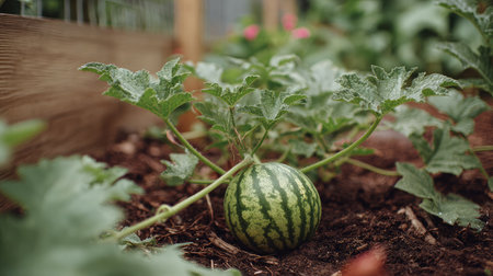 A young watermelon forming beneath its leafy canopy in a garden bed with moist soilの素材