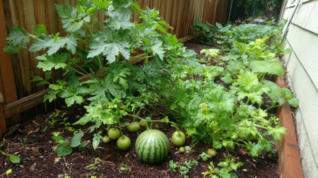 A maturing watermelon plant growing alongside companion plants in a mixed gardenの素材