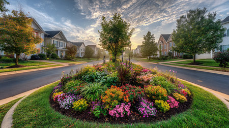 A tidy suburban yard features a symmetrical flower arrangement glowing in golden morning lightの素材