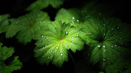 Bright green watermelon leaves covered with morning dew under soft lightingの素材
