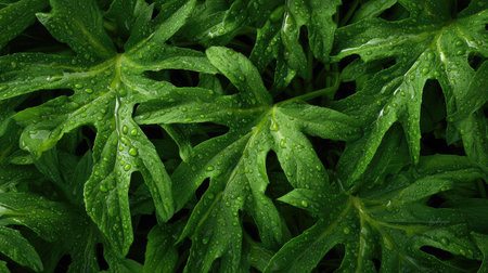 Bright green watermelon leaves covered with morning dew under soft lightingの素材