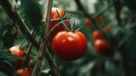Backyard tomato plant with thick stem, support stake, and fruit ready to harvestの素材