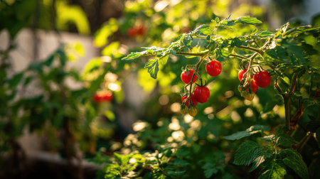 Cherry tomato plant with multiple red fruits hanging over garden edge in natural sceneの素材