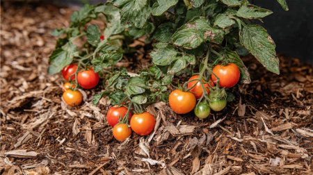 Bushy tomato plant with varying fruit stages, mulched soil and well-watered rootsの素材