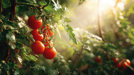 Bright red tomatoes growing on thick vines under direct sunlight in backyard gardenの素材