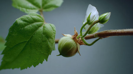 Close-up of stem node on watermelon vine with new leaf and flower buddingの素材