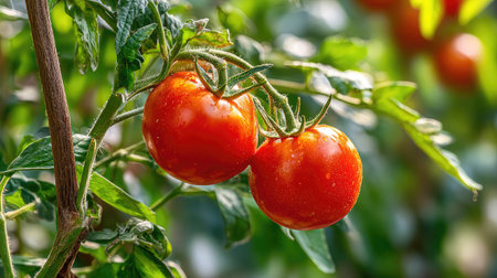 Bright red tomatoes growing on thick vines under direct sunlight in backyard gardenの素材
