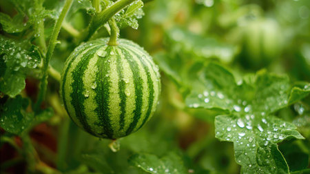 Close-up of a watermelon stem with a growing fruit and water droplets on surrounding leavesの素材