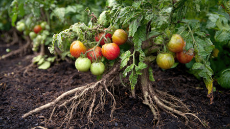 Bushy tomato plant with varying fruit stages, mulched soil and well-watered rootsの素材