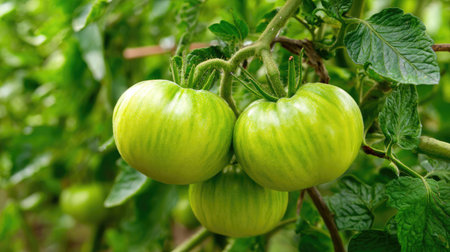 Close-up of unripe green tomatoes growing on a vine, surrounded by healthy green foliageの素材