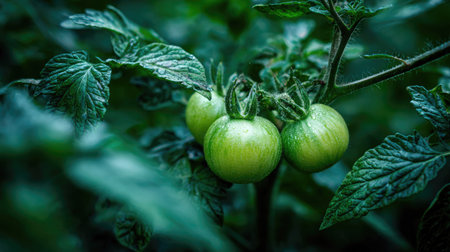 Close-up of unripe green tomatoes growing on a vine, surrounded by healthy green foliageの素材