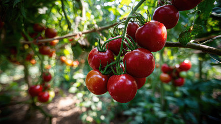 Bright red tomatoes hang from vine surrounded by green canopy in midday sunlightの素材
