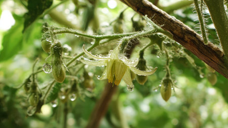 Close-up of tomato flower and tiny fruit developing under natural light in green gardenの素材