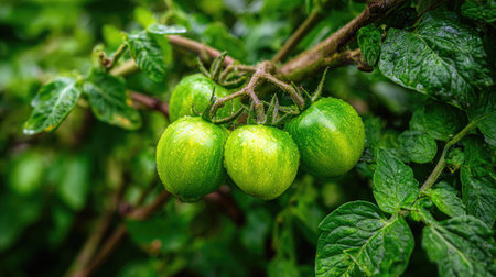 Close-up of unripe green tomatoes growing on a vine, surrounded by healthy green foliageの素材