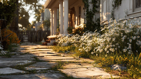Clusters of flowers along stone walkway warmly lit by the morning sun in a quiet neighborhoodの素材