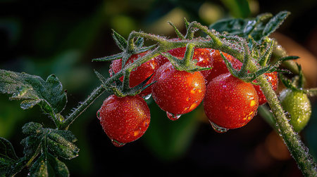 Cluster of cherry tomatoes ripening on the vine with dew on the leaves and soft morning lightの素材