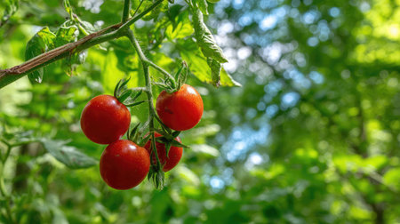 Bright red tomatoes hang from vine surrounded by green canopy in midday sunlightの素材