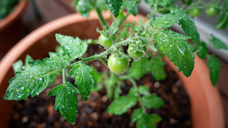 Container-grown tomato plant on patio with soil, water droplets, and young fruit budsの素材
