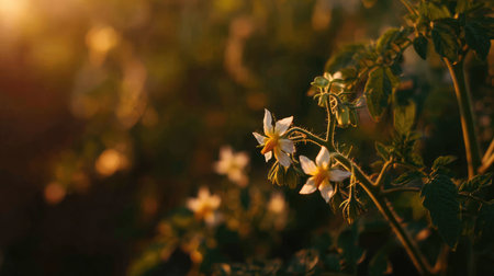 Close-up of tomato plant flowers before fruiting stage in soft, golden evening lightの素材