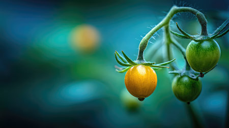 Close-up of tomato flower and tiny fruit developing under natural light in green gardenの素材