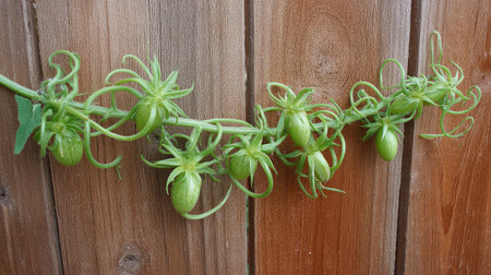 Curled watermelon tendrils grasping onto garden fence in a homegrown setupの素材
