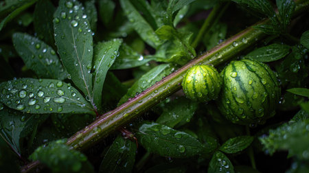 Close-up of a watermelon stem with a growing fruit and water droplets on surrounding leavesの素材