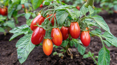Cherry tomato plant with multiple red fruits hanging over garden edge in natural sceneの素材