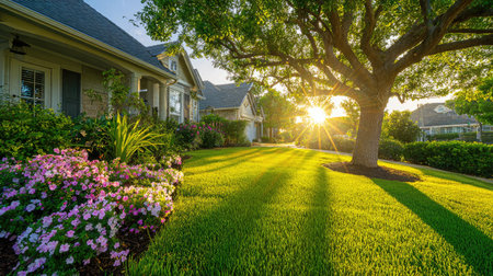 Early sun rays pour across flowerbeds and green grass in a calm, residential front yardの素材
