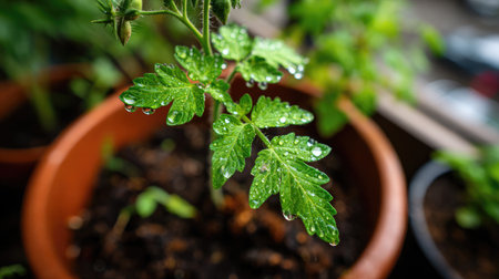 Container-grown tomato plant on patio with soil, water droplets, and young fruit budsの素材