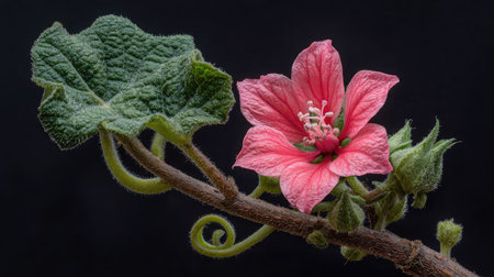 Detailed macro of watermelon flower on stem with curling tendril and textured leaf backgroundの素材