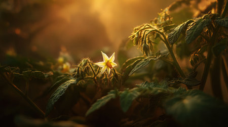 Close-up of tomato plant flowers before fruiting stage in soft, golden evening lightの素材