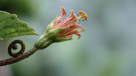 Detailed macro of watermelon flower on stem with curling tendril and textured leaf backgroundの素材